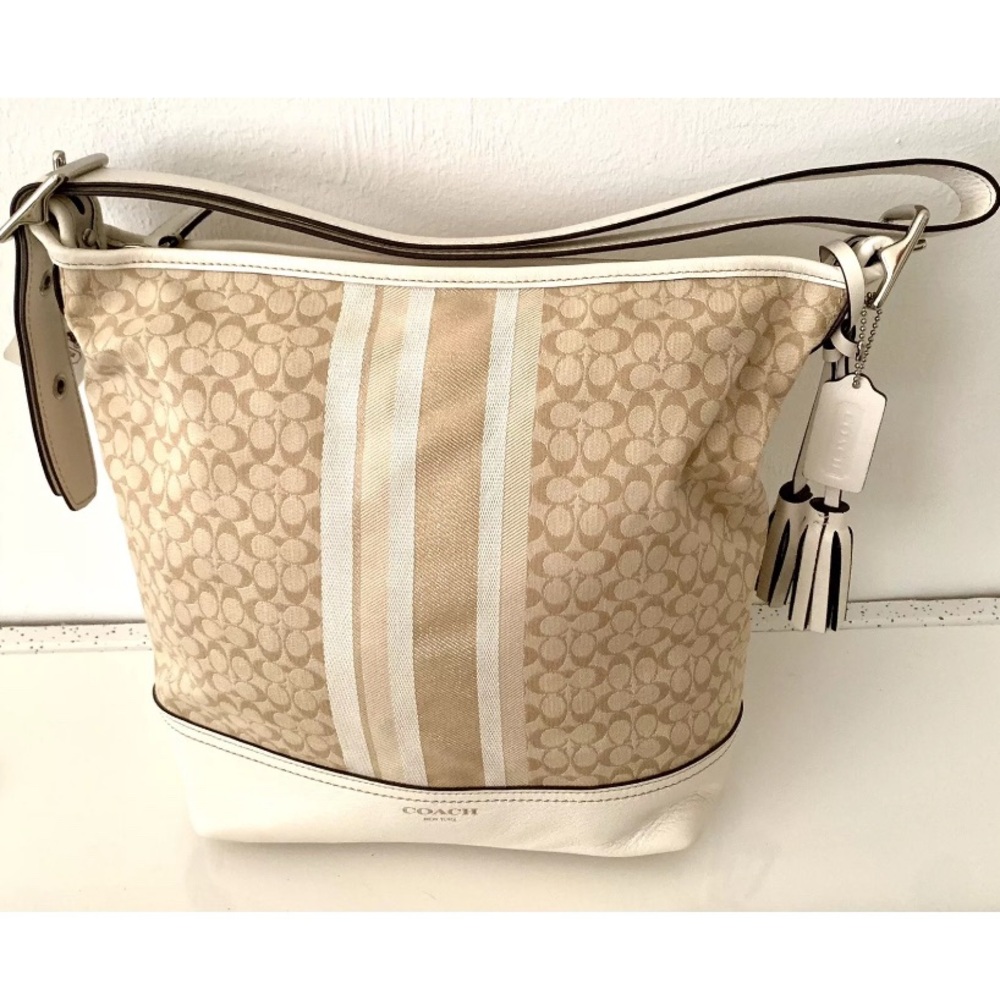 COACH bag LEGACY 2012 NWT condition Duffle Khaki Ivory Signature Glitter Stripe - Picture 1 of 10